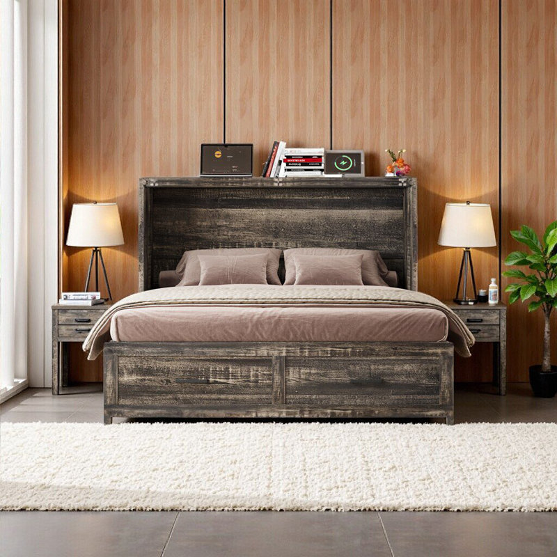 Grand lit escamotable avec station de charge et grand espace de rangement - Lit plateforme pliable de style campagnard gris rustique pour chambre d'amis, salon, bureau