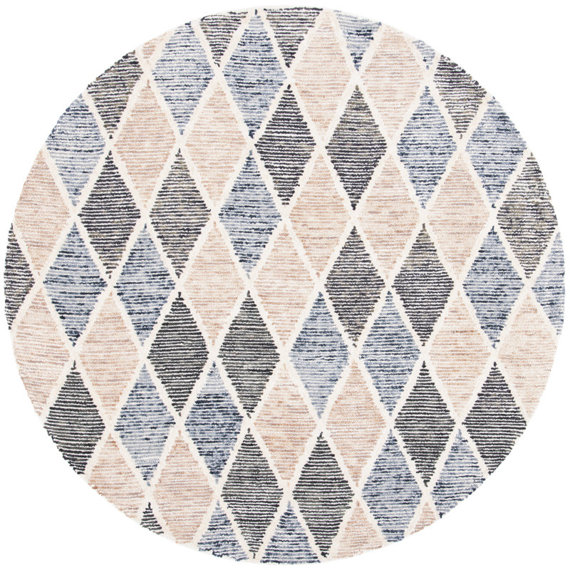 Milladore Precious Hand Tufted Wool/Cotton Geometric Rug in Blue/Beige, Round 6'