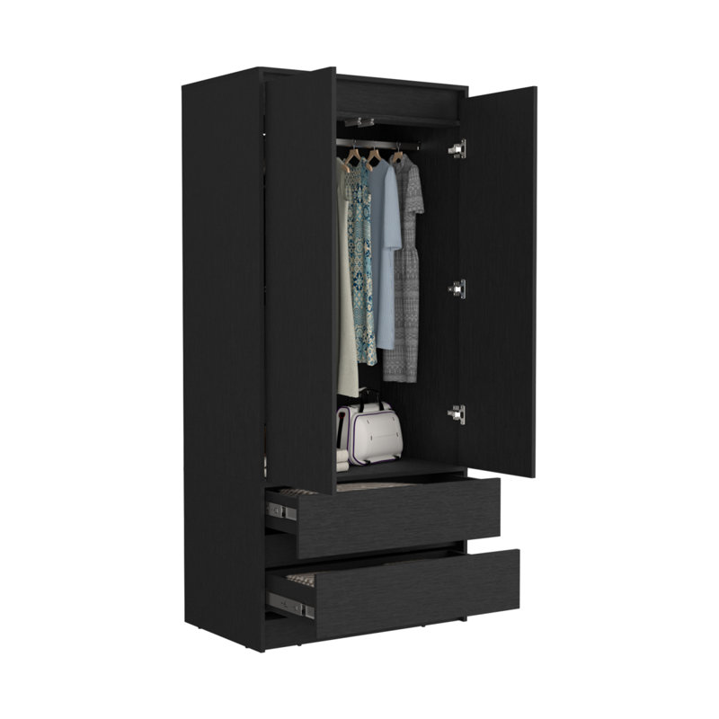 Armoire 2 tiroirs Austin, porte double, tringle, Blanc