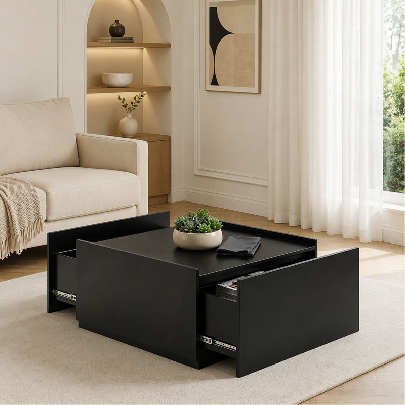 Mobilier de salon de style transitionnel avec 1 table basse et tiroirs de rangement, Noir