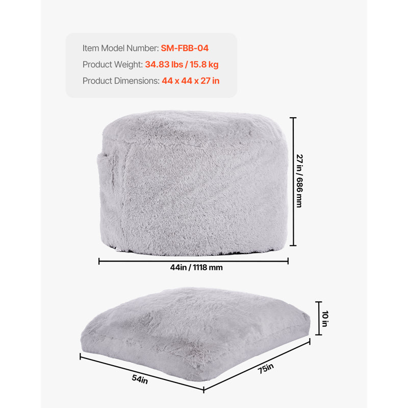 Bean Bag Bed Chair Convertible from Chair to Lounge or Mattress Grey-Queen, 22'' H x 44'' W x 44'' D
