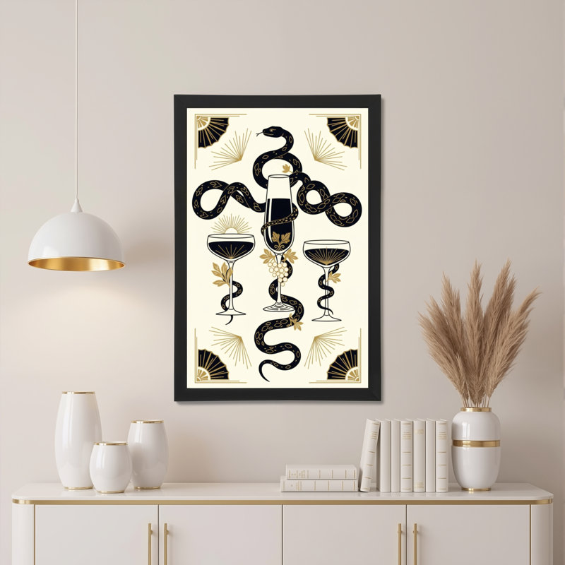 Ensemble de 1 tableau sur toile tendue représentant un serpent et un verre à vin, H 30 po x l 20 po