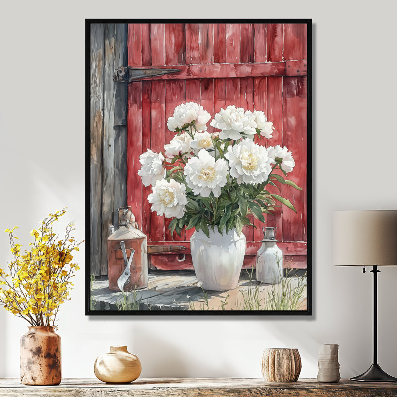 "Pivoines dans la caserne" - Pivoines, reproduction sur toile, Noir, Reproduction avec cadre flottant, H 20 po x l 12 po