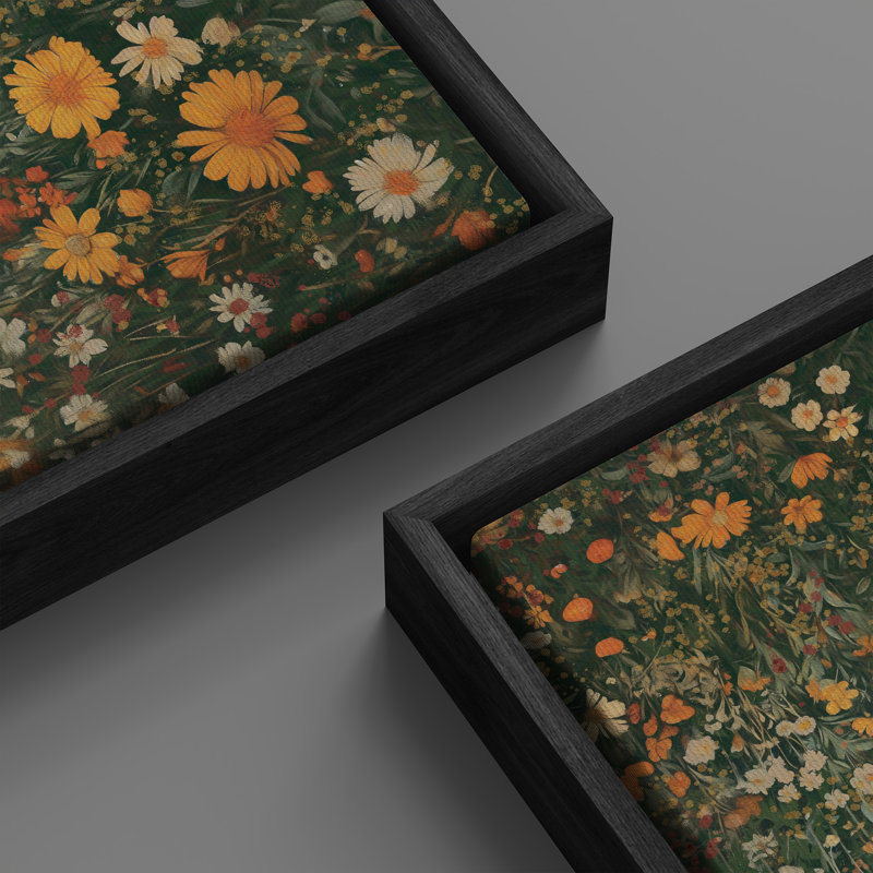 «Wildflower Meadow Vintage Floral Field Illustration Modern Art», impression sur toile encadrée très grande, Noir