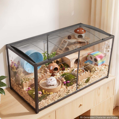 Cage à hamster 47,2 po x 23,6 po x 25,4 po à 360 ° avec hamster en métal, cage transparente pour petits animaux avec accès par le haut et porte d'entrée, grande maison pour animaux portable cochon d'Inde, gerbille (7,7 pi², noir)