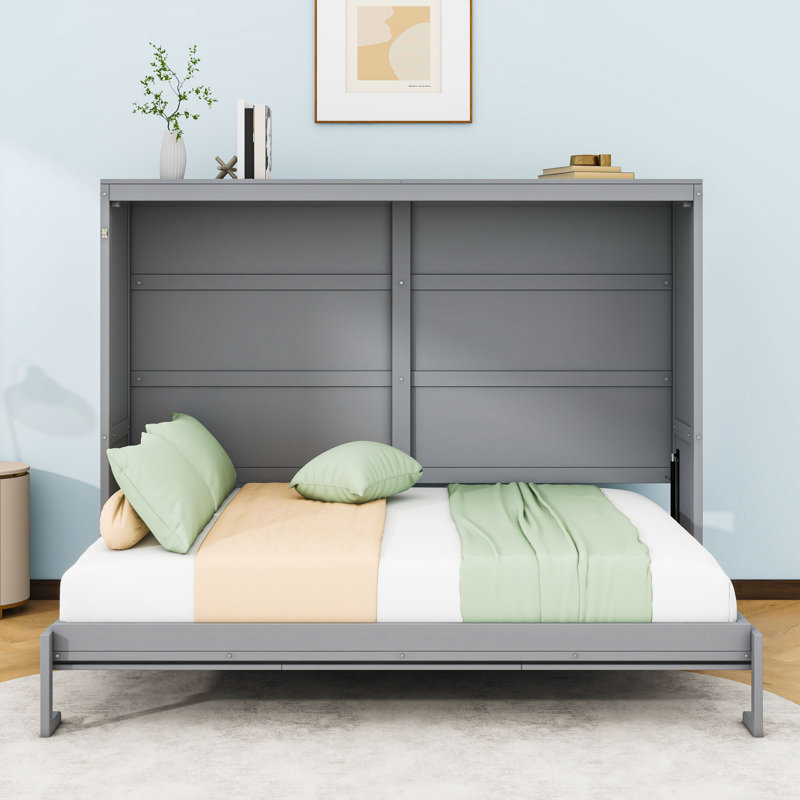 Budhan Wooden Murphy Bed Wall Bed, Gray, Full