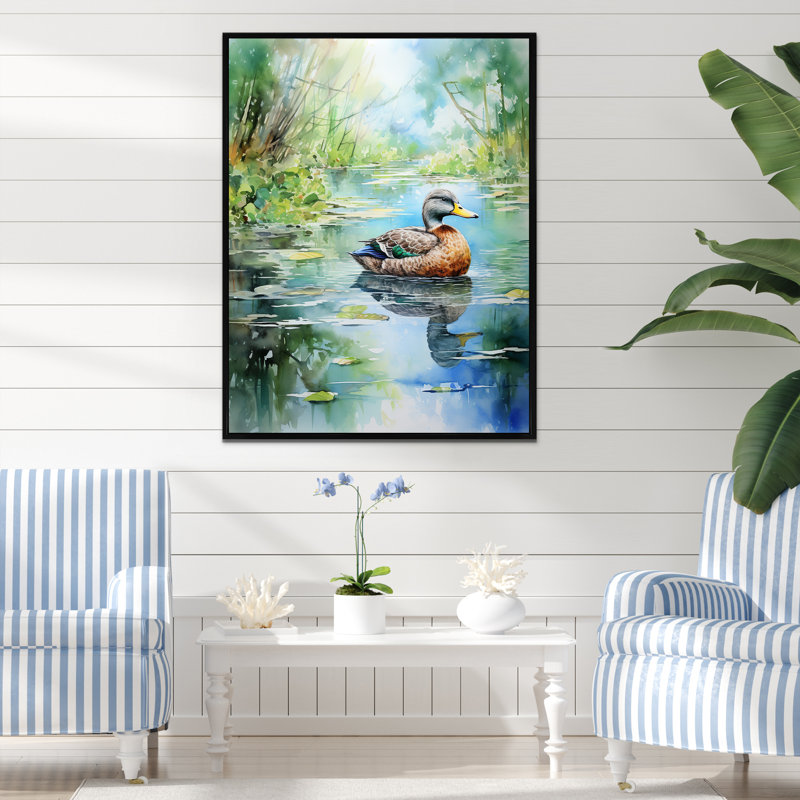 Duck Pond Reflections III - Art mural animal de canard, Cadre flottant noir, H 32 po x l 24 po x P 1 po