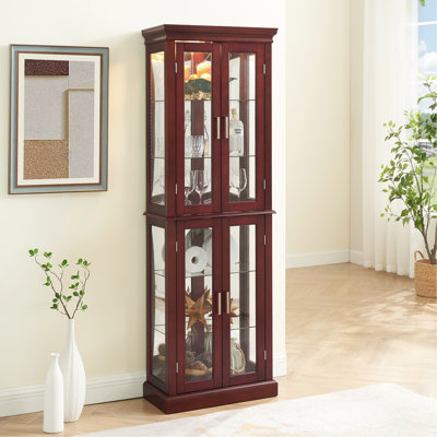 Curio Cabinet Lighted Curio Diapaly Cabinet With Adjustable Shelves And Mirrored Back Panel, Tempered Glass Doors (Cherry, 6 Tier), (E26 Light Bulb Not Included)
