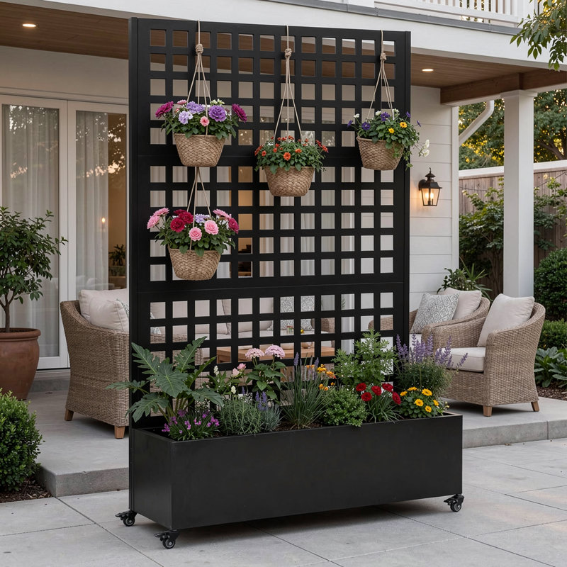 Lit de jardin surélevé en métal avec roues et treillis 73 po x 47 po x 16 po Boîte à fleurs pour grimper les légumes, la vigne et l'écran d'intimité avec drainage