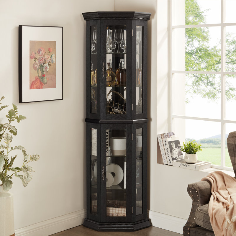 Vitrine de coin lumineuse en verre 69,5 "avec présentoir et tablettes réglables, Noir