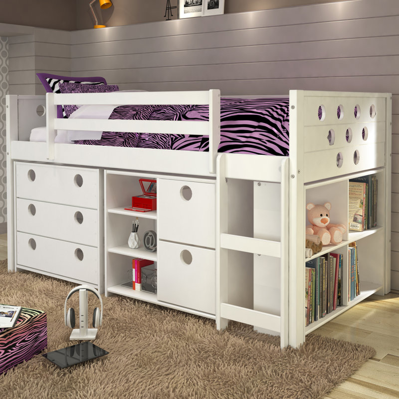 Abey Circles Twin Loft Bed with Storage and Bookcase, White
