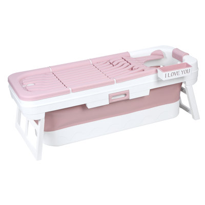 Baignoire pliable de 59 pouces Aksa, baignoire portable pour enfants adultes, grande baignoire pliable, baignoire autoportante escamotable, baignoire pliante sans effort avec plateau de massage rotatif, bain chaud, bain de glace (rose)