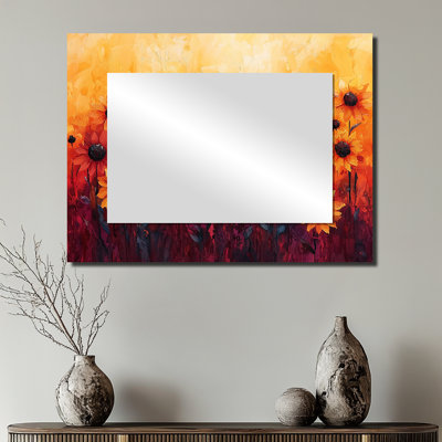 Vivid Red Sunset Hues Sunflowers Filed II - décoration murale miroir floral - imprimé sur métal