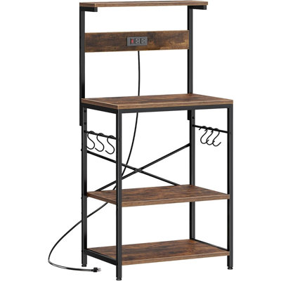 4-Tier Bakers Rack With Power Outlet, Microwave Stand And Coffee Bar Table With 6 Hooks, Kitchen Storage Shelf For Spices, Pots, And Pans (Rustic Brown)