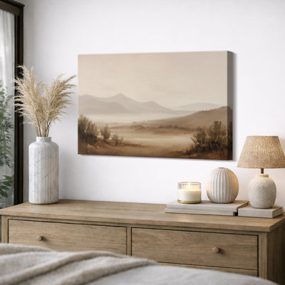 Minimal Beige Misty Mountain Landscape Artwork, Living Room Pictures, Framed Canvas Giclee Print Wall Art