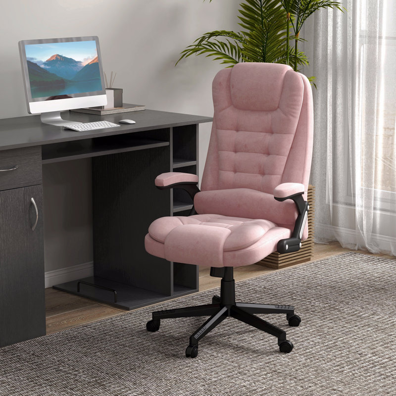 6 Point Vibrating Massage Office Chair With Heat, Velvet High Back Executive Office Chair With Reclining Backrest, Padded Armrests And Remote, Pink