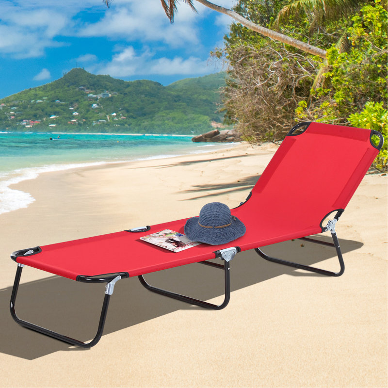 Red Outdoor Chaise Lounge Chair With 5 Reclining Back - Steel Frame, Foldable For Beach, Yard, Patio Use Sunbathing 5-recline Positions, Red, In Beach And Yard