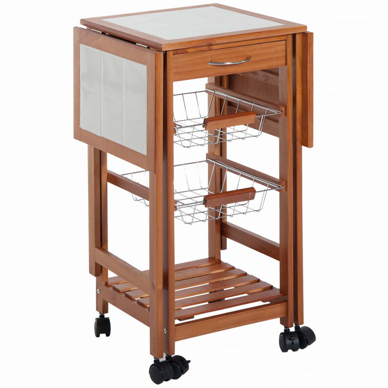 Îlot de cuisine 37 po en bois moderne avec abattant, chariot à roulettes et panier de rangement