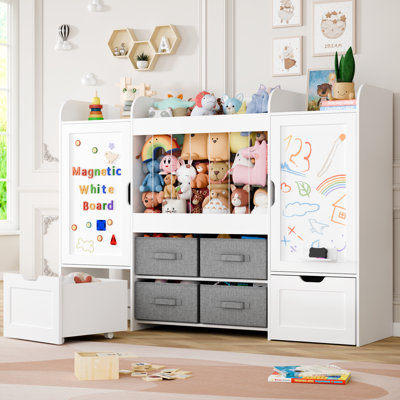 Rangement pour jouets de 61 po, bibliothèques pour enfants avec rangement pour animaux en peluche, 2 tiroirs mobiles, 4 bacs de rangement et 2 planches à dessin magnétiques, bibliothèque Montessori pour chambre d'enfant, salle de jeux, chambre à coucher, blanc