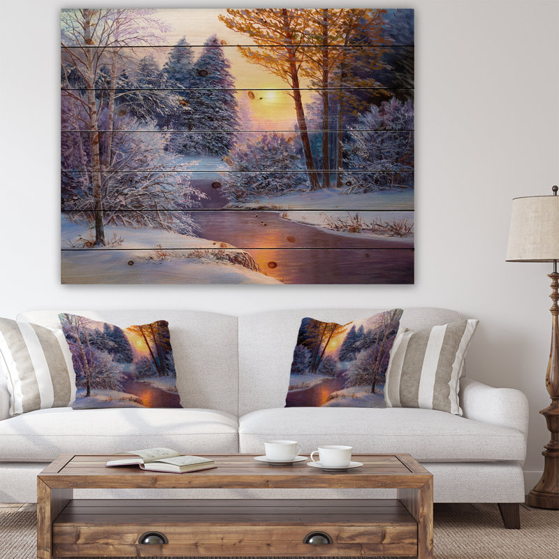 Winter Forest in RIVer - Peinture sur bois sans cadre, H 24 po x l 36 po x P 1 po
