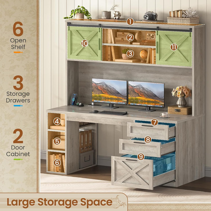 55.1" Farmhouse Desk Office Desk with Drawers Computer Desk With Storage Cabinet, Gray 
