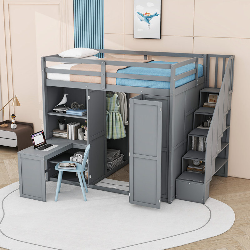 Lit mezzanine double avec bureau intégré, garde-robe et rangement, Gris