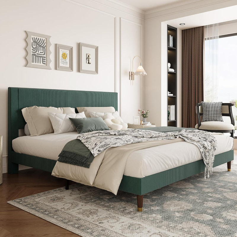 Structure de lit plateforme tapissier avec tête de lit, lit en velours côtelé avec support en lattes de métal, aucun sommier nécessaire, mobilier de chambre à coucher moderne, assemblage facile