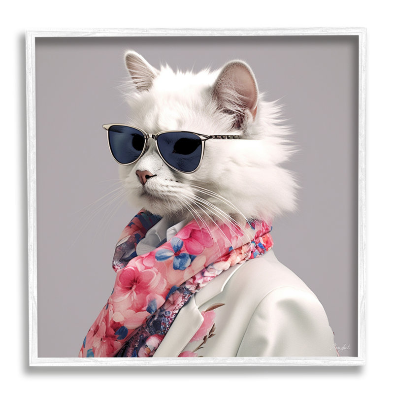 Az-146-Fashion chat élégant encadré sur bois, H 12 po x l 12 po x P 1,5 po, Giclée encadrée blanc bord de mer