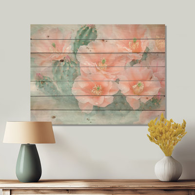 Morning Dew of Pastel Color Cactus Flowers II - Art mural traditionnel en bois sur bois de pin naturel