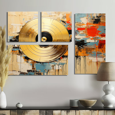 Minimalisme, disques vinyle - art mural sur toile doré 4 pièces