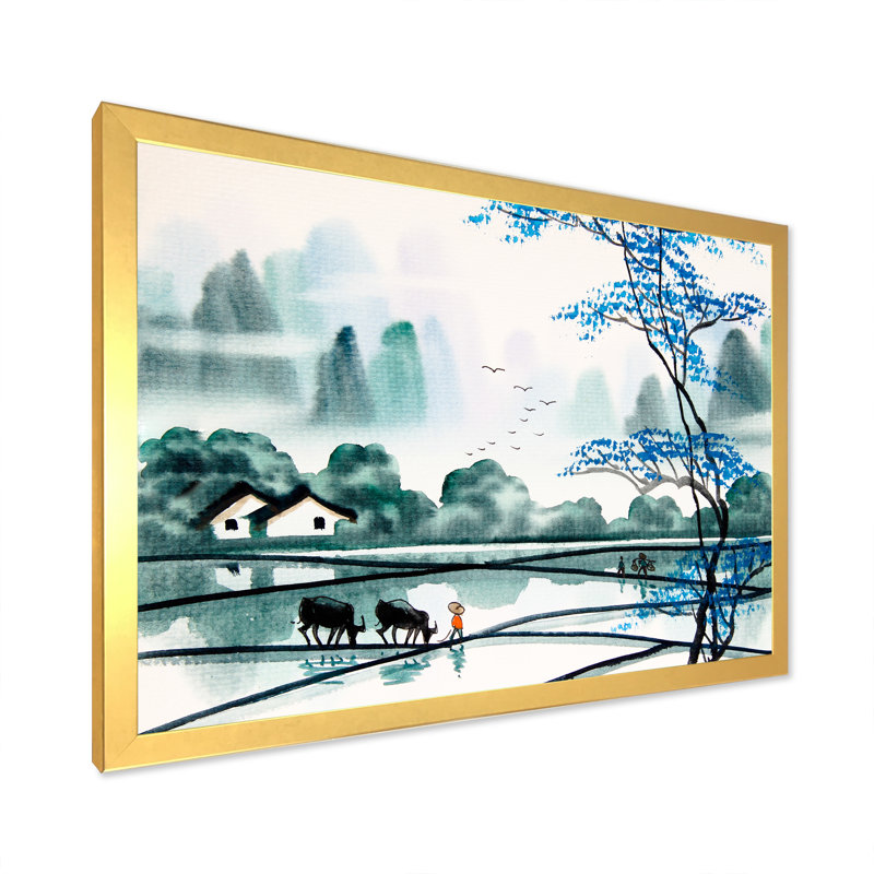Paysage chinois - reproduction sur toile, H 24 po x l 36 po x P 1 po, Toile encadrée dorée