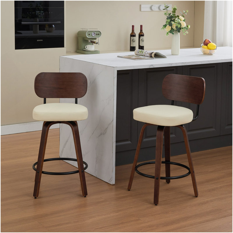 Swivel Bar Stools Set Of 2, 26" Upholstered Faux Leather Counter Height Barstools With Walnut Back & Bentwood Legs, Mid Century Modern Bar Chairs Island Stools For Kitchen Counter, Beige PU