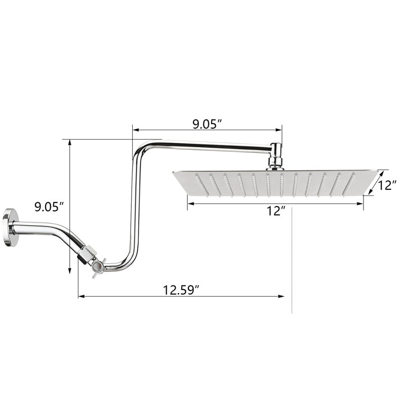 12" Square Showerhead With Adjustable Arm - Stainless Steel Construction, Self-cleaning, Bathroom Decoration Rainfall Steel, Wall Mounted, 2 Gpm Flow Limit
