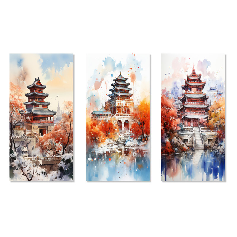 Ensemble de 3 reproductions d'art sur toile Pékin, Toile tendue, H 28 po x l 36 po