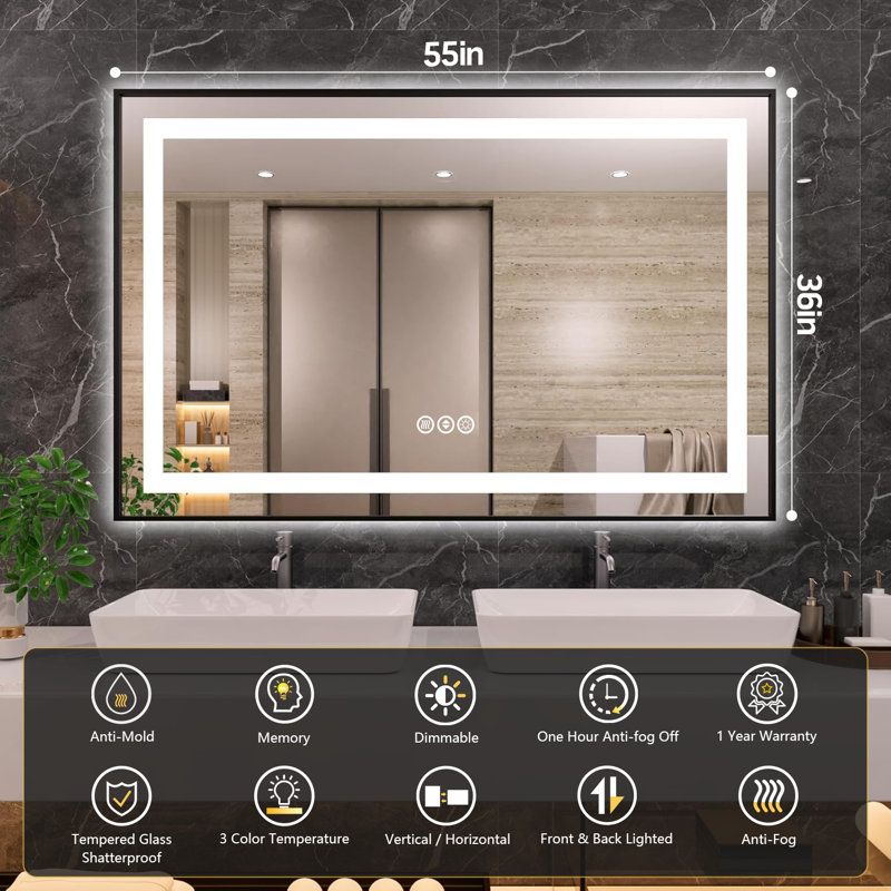 Adorna UL Certified Dimmable LED Bathroom Mirror with 3-Color Lighting, Anti-Fog & Sleek Black Frame, 55" x 36"