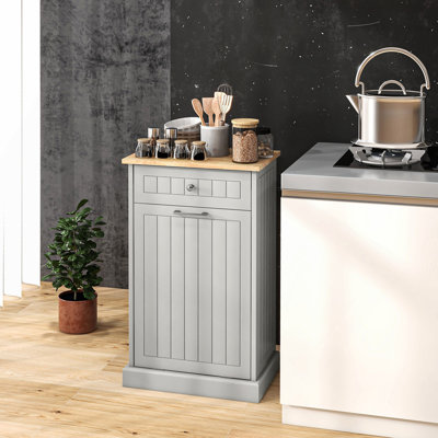 Kitchen Tilt Out Trash Bin Cabinet Free Standing Recycling Cabinet Trash Can Holder With Drawer, Gray