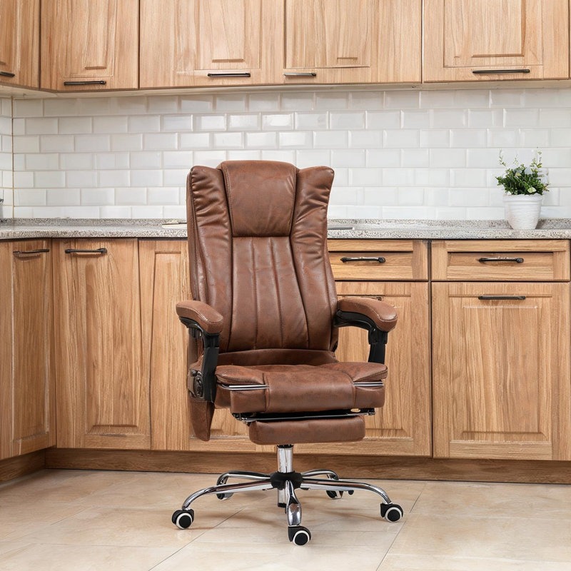 Fauteuil de bureau massant brun chaud avec télécommande, 6 points de vibration chauffants, hauteur réglable, revêtement en cuir PU microfibre, 62,2 cm (L) x 70,1 cm (P).