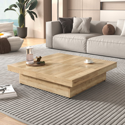 Table basse carrée en placage de bois avec plateau coulissant, grain de bois naturel, 39,4 po | Idée de cadeau