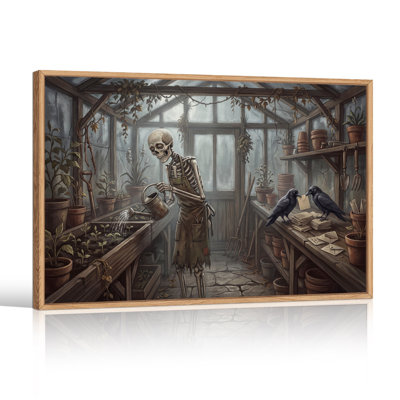 " Skeleton Gardener Watering Plants In Greenhouse Halloween " Painting Print