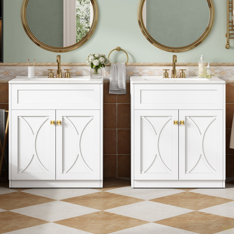 Meuble-lavabo 60 po avec lavabo en céramique, armoire de rangement autoportante moderne avec poignées, portes à fermeture douce