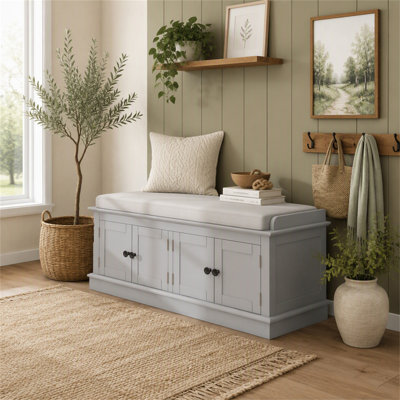 Banc de rangement avec 4 portes et tablettes réglables Trexm, banc à chaussures avec coussin amovible pour le salon, vestibule
