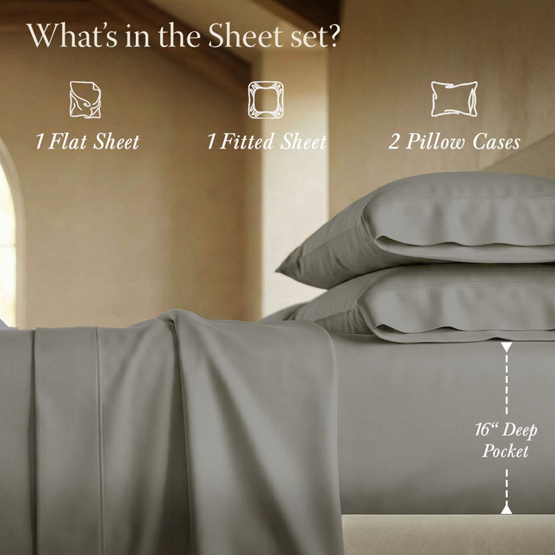 Threadmill 800 Thread Count 100% Cotton Sateen Sheet Set, King Sheet Set with 2 Pillowcases, Moonrock Gray Solid