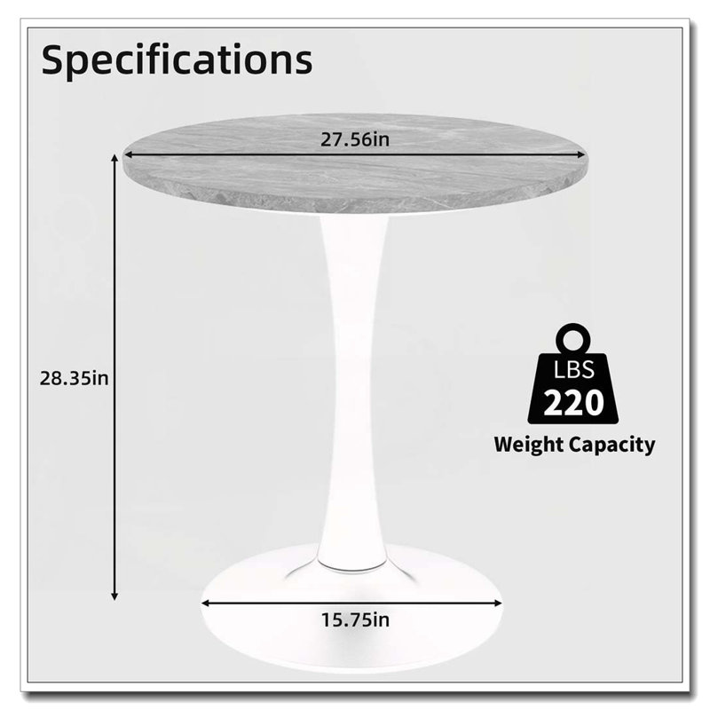 Table de salle à manger ronde en bois avec base piédestal, table basse, Blanc, Marbre gris
