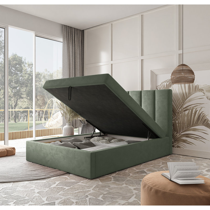 Box Spring Bed Jinesh with Bonell Mattress and Storage, 160 x 200cm, Green