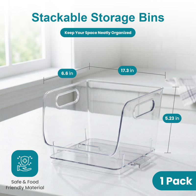 Bac de rangement ouvert de base de 7 pouces avec poignées faciles à saisir et rangement en plastique transparent pour armoire garde-manger