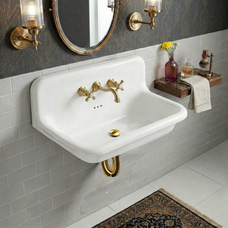 Fireclay Wallmount Bath Sink with Faucet, Drain and P-Trap Set, White/Gold