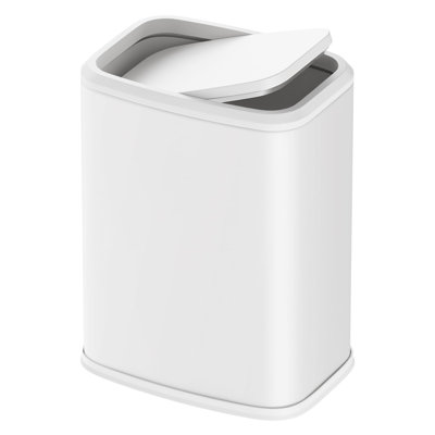 Petite poubelle de salle de bain avec couvercle pivotant, 2,1 gallons, conception de sac poubelle cachée, couvercle à fermeture douce, contrôle des odeurs, poubelle en acier inoxydable (blanc)