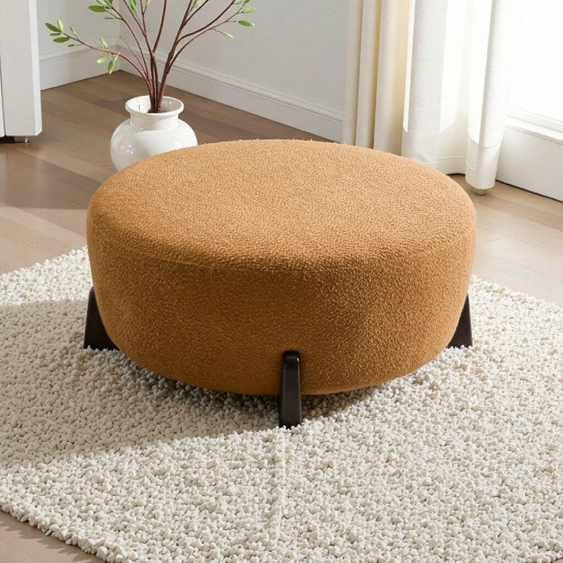 Round Ottoman With Boucle Upholstery And 4 Solid Wood Legs, Natural Wood,Pumpkin Orange