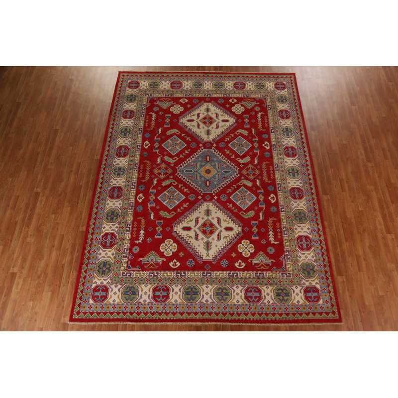 Tapis géométrique Kazak à motif géométrique rouge 9 x 12