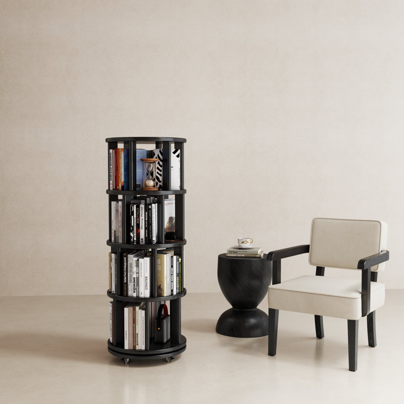 Bibliothèque en bois massif pivotante à 360 ° Oliver, équipée de roues de frein, permettant un ajustement flexible, Noir
